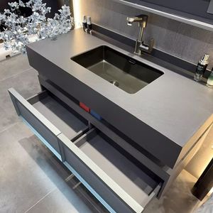 Lavabo Empotrado en Losa de Piedra, Mueble de Baño Plegable Inteligente Minimalista, Encimera de Madera Maciza Multicapa Gris - Product Image 3