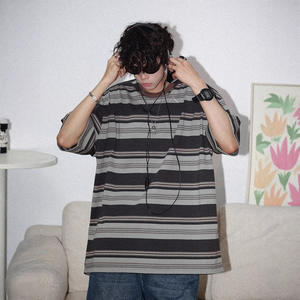 Summer <b>Beaded</b> Color Block Striped Short Sleeveless Men's <b>Loose</b> Cotton Workwear Style Contrast Trim Casual T-Shirt - Product Image 5