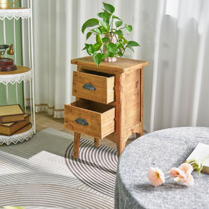 Mesita de Noche de Madera Maciza de Diseño Rústico, Gabinete Lateral para Cama con 2 Cajones, Hecho a Mano, Duradero, para Dormitorio Pequeño, Estilo Rústico, Apartamento, Almacenamiento en el Hogar - Product Image 4
