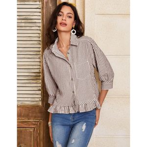 FOXA Blusa a rayas con botones para mujer, manga 3/4, dobladillo con volantes, top informal de algodón, camisa de verano con hombros caídos - Product Image 2