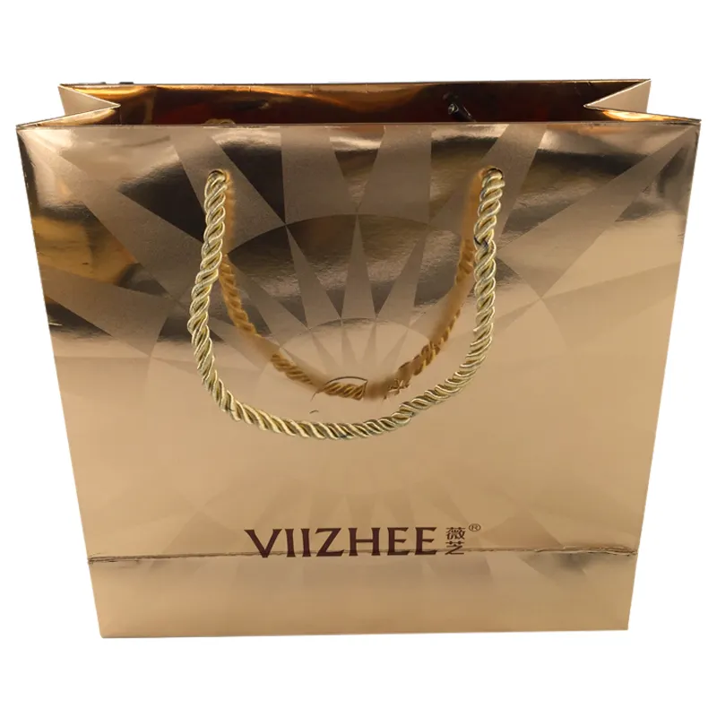 Sacos de presente luxuosos personalizados, sacos de papel decorativos brilhantes de ouro