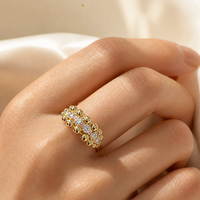 Bague Hailey Style S925 plaqué or lourd, trois rangs de perles bulles serties de diamants, esthétique Princesse Européenne, style influenceur Instagram doux