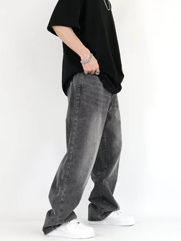 Men's Vintage Baggy Wide Leg Denim Pants Button Casual Loose Straight ...
