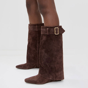 Fashion High Wedge Heels Square Toe Shoes Metal Buckles Suede Overlay <b>Boots</b> Women's Flock Knee High Booties - Product Image 1