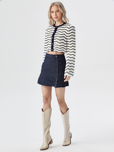 <span class=keywords><strong>Pull</strong></span> à col rond à manches longues pour femmes, printemps-été 2025, sur mesure OEM et ODM, couleur contrastée, rayures ondulées, cardigan en tricot avec boutons - Product Image 1