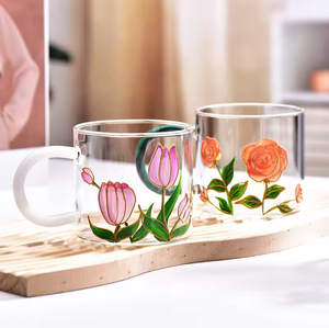 Taza de Vidrio para <span class=keywords><strong>Leche</strong></span> y Café con Diseño de Tulipanes Pintados a Mano, de Alta Calidad, Moderna, de Lujo Ligero, con Logotipo Personalizable, para Hogar, Restaurante y Hotel - Product Image 5