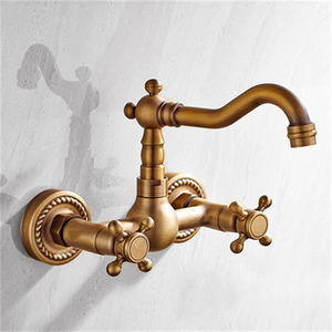 <span class=keywords><strong>Robinet</strong></span> <span class=keywords><strong>mural</strong></span> de cuisine et salle de bain HUBEN en laiton antique, design classique européen, double poignée, finition brossée bleu et blanc - Product Image 1