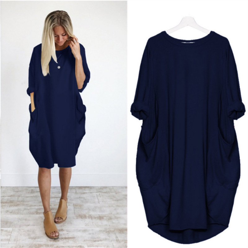 loose-fitting dress Blue Viscose Midi Dress - Minimalist Short Sleeve Dress