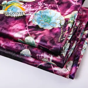 Nieuwe Fashion Design Folie Papier Paars Bloemenprint Comfortabele Stretch Velour Fluwelen Stof