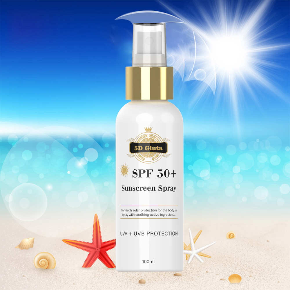 OEM частная торговая марка 5D Gluta SPF 50 + солнцезащитный спрей, Успокаивающая кожа против солнечных ожогов UVA + B, быстрое поглощение