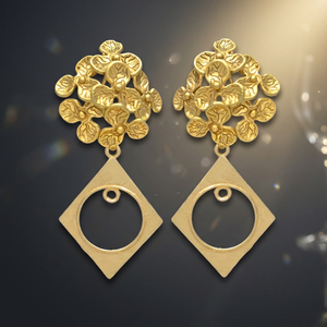 Matte Gold Flower Cluster Stud Drop <b>Earrings</b> Hollow <b>Diamond</b> Geometric Botanical Brass 18K Gold Plated Ethnic Wedding Party - Product Image 2