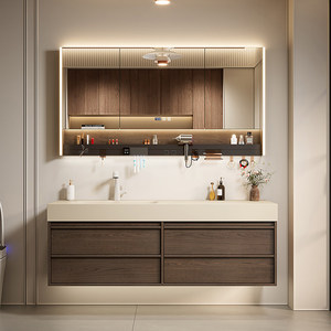 Mid ancient style rock slab hot bending integrated basin intelligent lighting mirror walnut <b>wall</b> <b>mounted</b> bathroom <b>cabinet</b> - Product Image 2