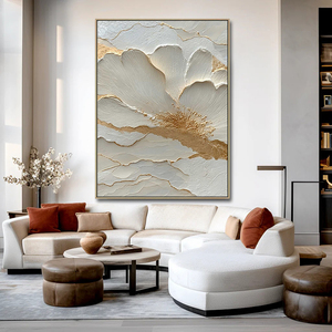 Cuadro Grande Hecho a Mano en Yeso con Flores Doradas y Blancas, Arte Moderno en Lienzo con Textura, Cuadros de Flores, Diseño Moderno Quadri Arte - Product Image 3