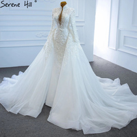 Robes de mariée sirène à manches longues blanches 2024 femmes musulmanes sur jupe robe de mariée luxueuse avec perles robes de mariée africaines