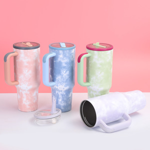 Reusable Insulated Stainless Steel Travel 40oz Water <b>Bottle</b> Handle Flip <b>Straw</b> Tie Dye Leak Resistant Cartoon Style Tumbler - Product Image 2