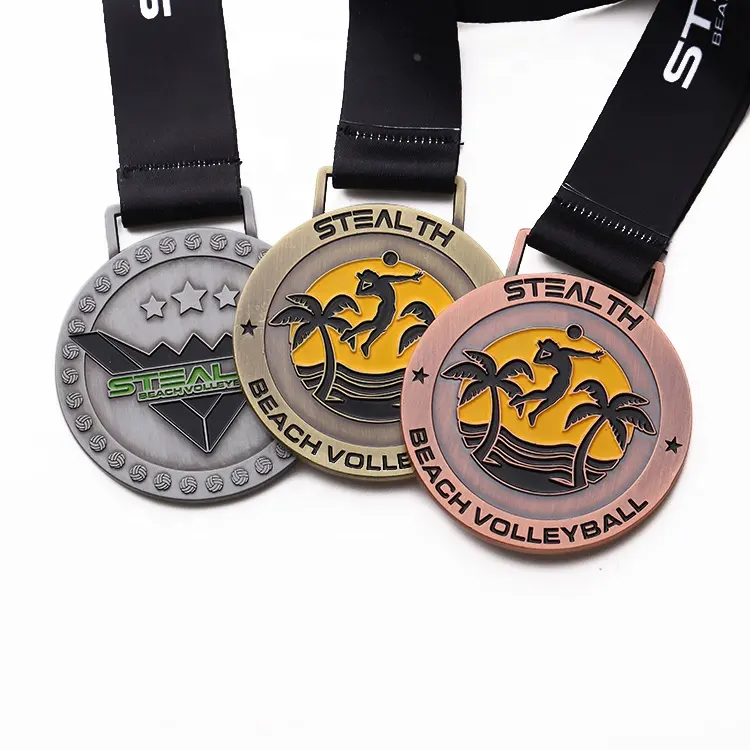 Hesank工場価格カスタマイズ金属アンティークゴールドシルバーブロンズソフトエナメルロゴカスタムスポーツビーチバレーボールメダル