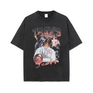 Nieuwe Dropshipping Mode Streetwear Vintage Wassen Zwart Rapper T-shirt Travis Scott, Travis Scott T-shirt Maken Oude Zwarte Kleur