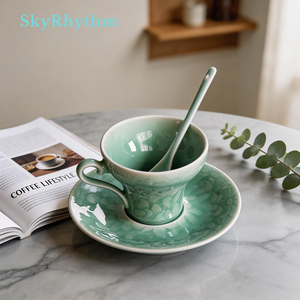Juego de Tazas de Café de Celadón Longquan de Lujo, Taza y Platillo de Cerámica Azul Cielo Hechos a Mano, 150 ml, Juego de Regalo Artístico de Porcelana - Product Image 2