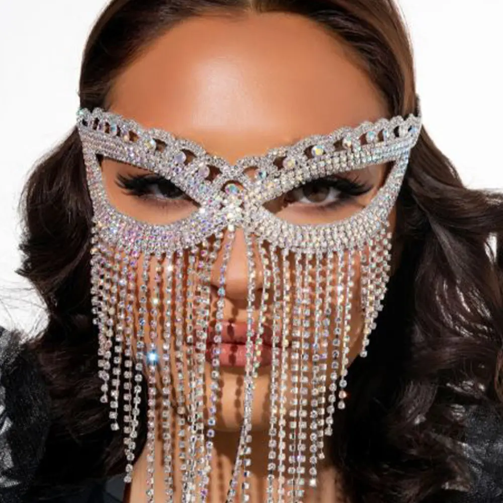 YiWu gioielli di moda Sexy strass perline di lusso diamanti maschera di cristallo nappa festa maschera per gli occhi