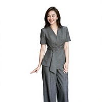 Blouse élégante décontractée pour femme HAGOO, col long, manches courtes, style journaliste, col en V, avec ceinture, pour bureau, été et automne, vente en gros