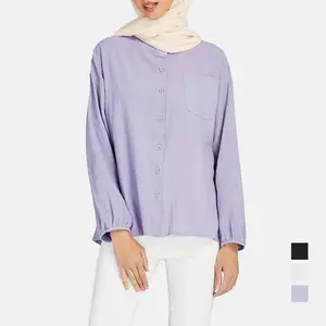 Sweet Purple Tops Plus Size Women Pleated Blouse Ethnic Clothing Malaysia Loose Blank Modest Blouses Ruffle Shirts Muslim Tunic