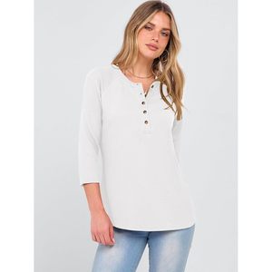 Chemise Henley en tricot gaufré à manches trois quarts pour femmes, haut décontracté boutonné, t-shirt basique, vêtements pour le printemps et l'été - Product Image 4