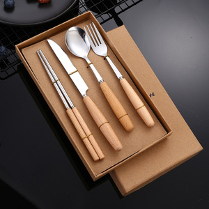 Stainless Steel Japanese Style Cutlery Set With Wooden Handle Dinnerware For Dining Eco Friendly Portable <b>Gift</b> Set - Product Image 3