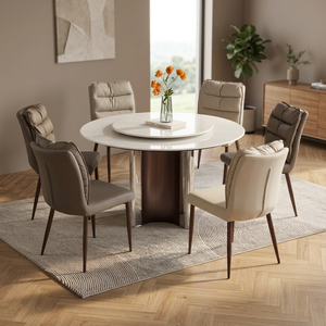 Modern Round Stone <b>Dining</b> <b>Table</b> Set with Rotatable <b>Top</b> 6 Seats Minimalist Design Durable Waterproof Hotel Use - Product Image 3