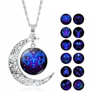 Venta al por mayor de moda plata 12 Zodiaco astrología galaxia y luna creciente colgante de cuentas de cristal collar de regalo - Product Image 1