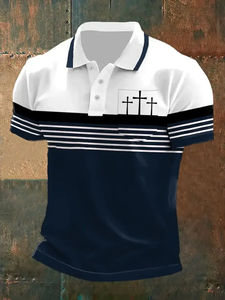 Polo Premium para Hombre, Diseño de Cruces Cristianas, Transpirable, Tela Suave, Bloques de Color, Rayas, Manga Corta, para Golf - Product Image 2