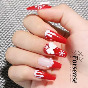 wholesale high quality 3d pearl snowflake press on nails christmas handmade fake nail full cover acrylic short coffin nails tips