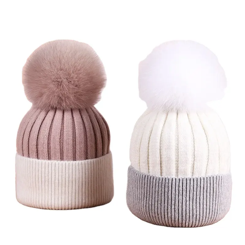 Gorro de lana con pompones para mamá y bebé, gorro de lana con pompón de pelo de zorro Real para mujer y niña, gorro de algodón para mujer