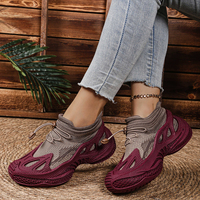 Baskets en tricot bordeaux pour femmes, avec cordon de serrage réglable, plateforme épaisse ajourée, respirantes, chaussures décontractées de marche pour femmes