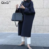 QINSI однотонное пальто с отворотом с длинным рукавом женский топ Корейская мода облегающая накидка пальто женское 2022 зимнее элегантное шерстяное длинное пальто