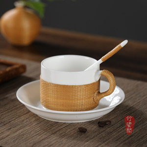 Bamboo Woven Ceramic Coffee Cup With Saucer Handmade Porcelain Beverage Cup For Afternoon Tea - Product Image 5