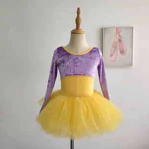低MOQ長袖紫と黄色のバレエ長袖ベルベットダンスチュチュ2色ステージパフォーマンス