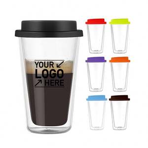Mug à thé, lait ou café en verre borosilicate personnalisé avec logo, 350 ml, 550 ml, gobelet à double paroi en verre de 12 oz avec couvercle en silicone - Product Image 1