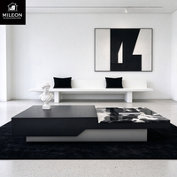 Table basse modulaire moderne avec plateau en marbre et laque noire, table centrale, base en acier inoxydable, mobilier de salon de villa