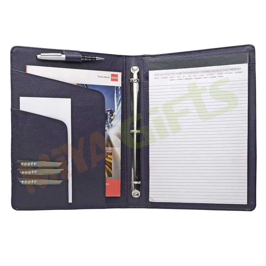 Custom foil logo pebble lichi leather organizer padfolio with 3 ring binder letter size A4 A5 A6 B5 notepad planner cover