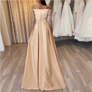 Robe de soirée à paillettes, épaules dénudées, manches longues, taille Empire, en satin, robe formelle pour hôte de banquet - Product Image 2