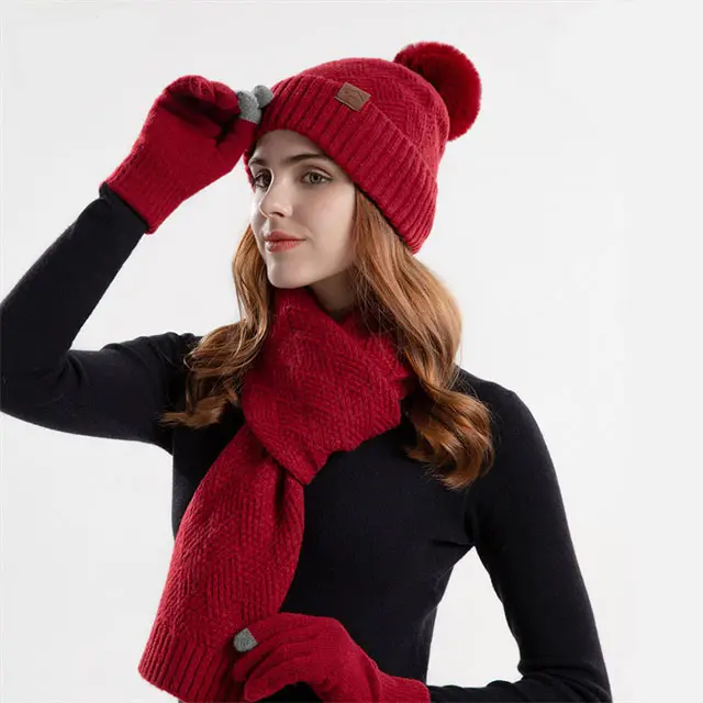 All'ingrosso acrilico 3 pezzi cappello invernale lavorato a maglia sciarpa e guanti Set per le donne degli uomini