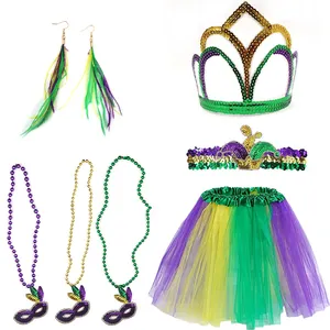 Wholesale Hot Sequin Mardi Gras Headband Necklace Skirt Wrist Set For Girls Custom Cheap Party Set For Sale