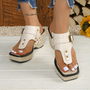 Heeled <b>Sandals</b> With Thick Woven Sole Mid Heel Summer Flip Flops Black Off White Dark Brown - Product Image 5