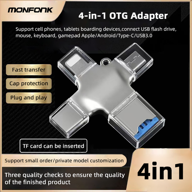 4 in 1 USB 3.0 Card Reader Multi Interface TF Card Reader for Phone Computer