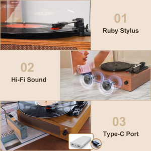 En stock, lecteur de disques vinyles portable vintage en bois avec haut-parleur intégré, type-C BT5.0+, lecteur de disques vinyles Hi-Fi LP pour les cadeaux de festival de Noël - Product Image 3