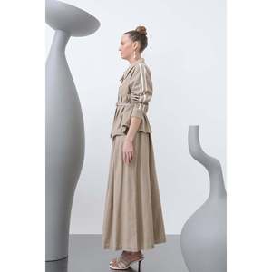 Puane Women's Elegant Belted Skirt Set with <b>Flowy</b> Fabric Plain Dyed Button Detail for Office & Special Occasions Mink Color - Product Image 4