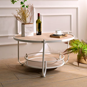 INNOVA Home European Style Modern Decorative Round White <b>Wood</b> <b>and</b> <b>Metal</b> <b>Coffee</b> <b>Table</b> with Extendable Shelf for Living Room - Product Image 2