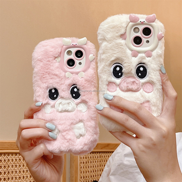 3D Pig Design Fluffy Plush Phone Case Winter Warm Shockproof Cover for iPhone 11 12 13 1 4 15 Pro Max Series