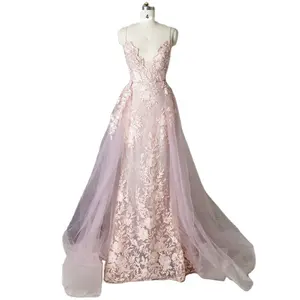 Viola 3D perline ricamo pizzo staccabile tulle treno gonna prom profondo scollo a V sirena lungo formale abito lungo abiti da sera