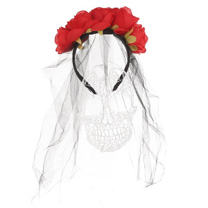 Diadema de malla con flores, calavera gótica peculiar y alas de murciélago para Halloween, accesorio para el cabello para fiestas y bailes - Product Image 3